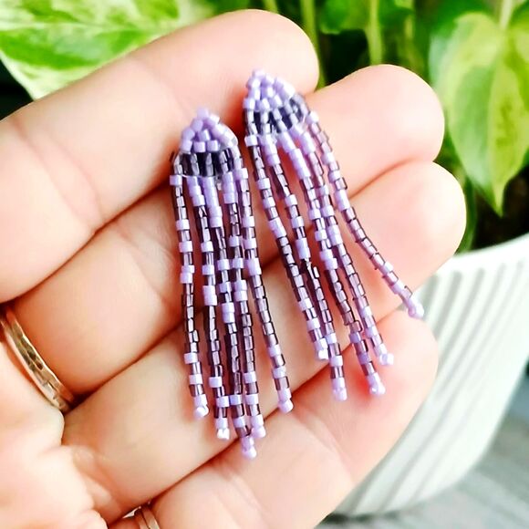 Beaded Fringe Stud Earrings, Seed Bead Jewelry, Purple Dangle Studs, 2" - Picture 3 of 5